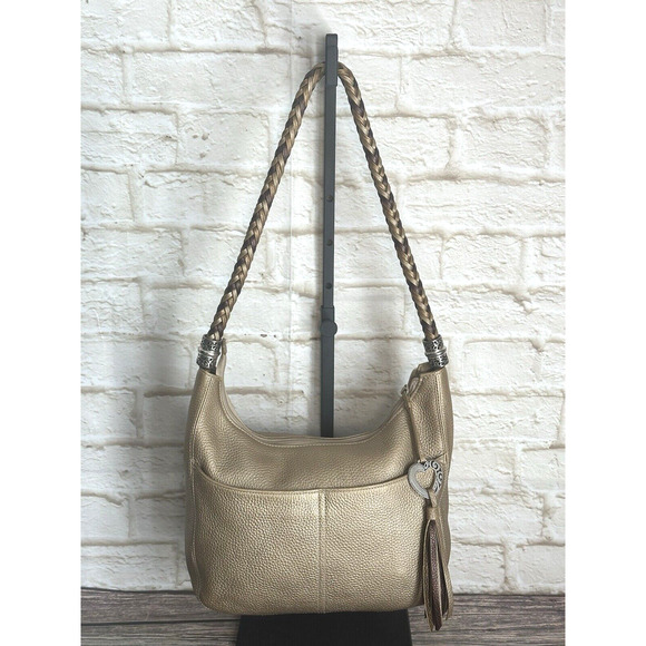 Brighton "Barbados" Gold Pebbled Leather Hobo Shoulder Bag with Braided Strap. - Picture 16 of 16